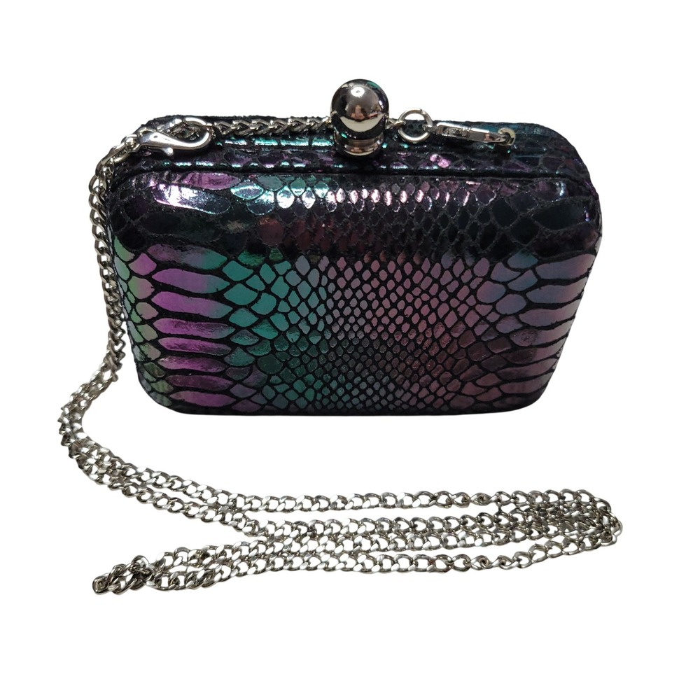 Lodis Palm Springs Iridescent Snakeskin Look Box Clutch Oil Slick Crossbody